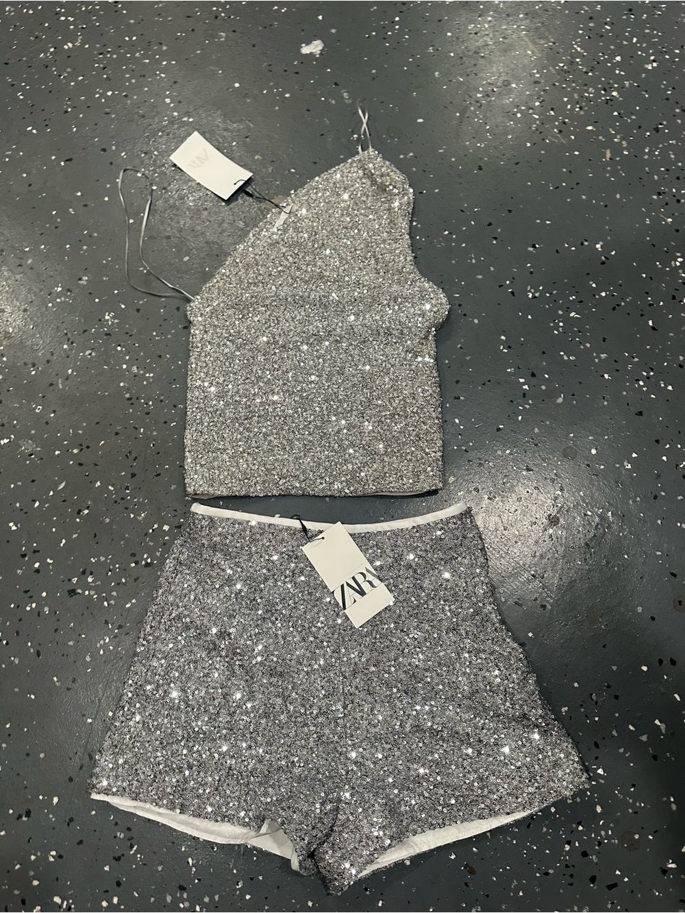 ZARA Silver Sequin Shorts & Crop Top Set - Sparkling Party Co-ord